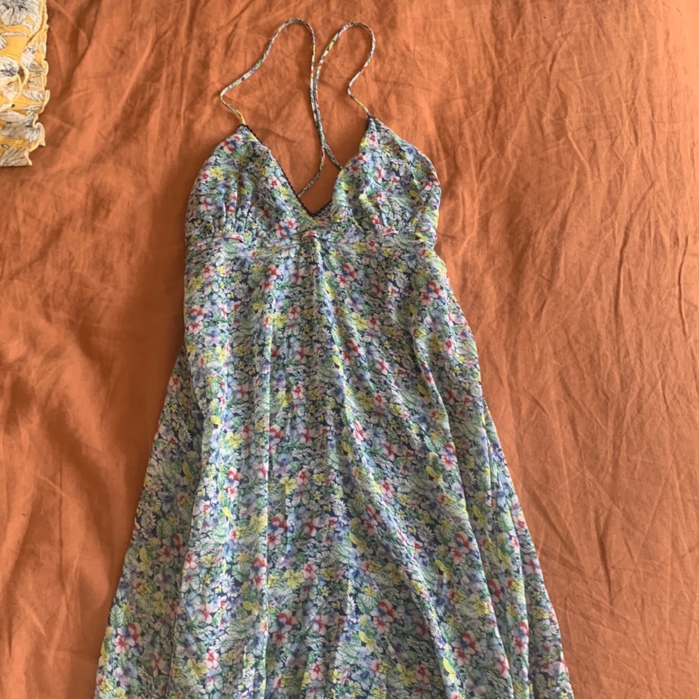 Mango sweetheart neckline, cross back, floral mini dress.